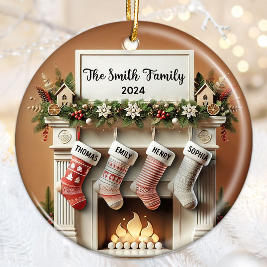 Merry Christmas Festive Fireplace Family Christmas Stockings On Mantel 3D Effect Personalized Ceramic Ornament