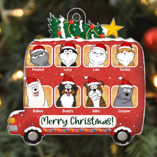 Merry Christmas Dogs Cats Cartoon On Christmas Bus Personalized Acrylic Ornament