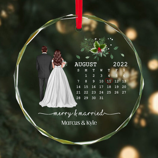 Merry And Married First Christmas Couple Calendar Personalized Christmas Glass Ornament, Anniversary Gift, Newlywed Gift, Wedding Gift