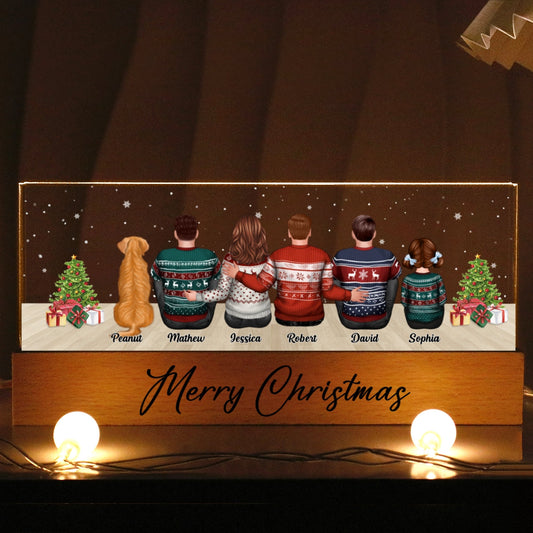 Merry Christmas Family Sitting Personalized Acrylic Block LED Night Light, Custom Family with Pets, Holidays Gift for Husband, Wife